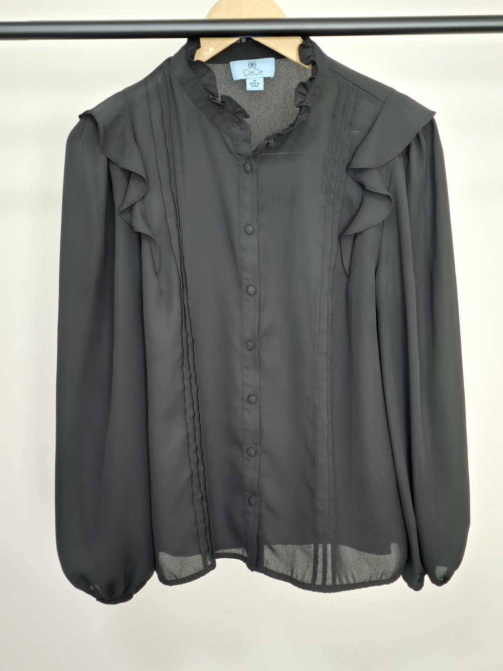 CeCe Black Ruffle Pintuck Button-Front Blouse